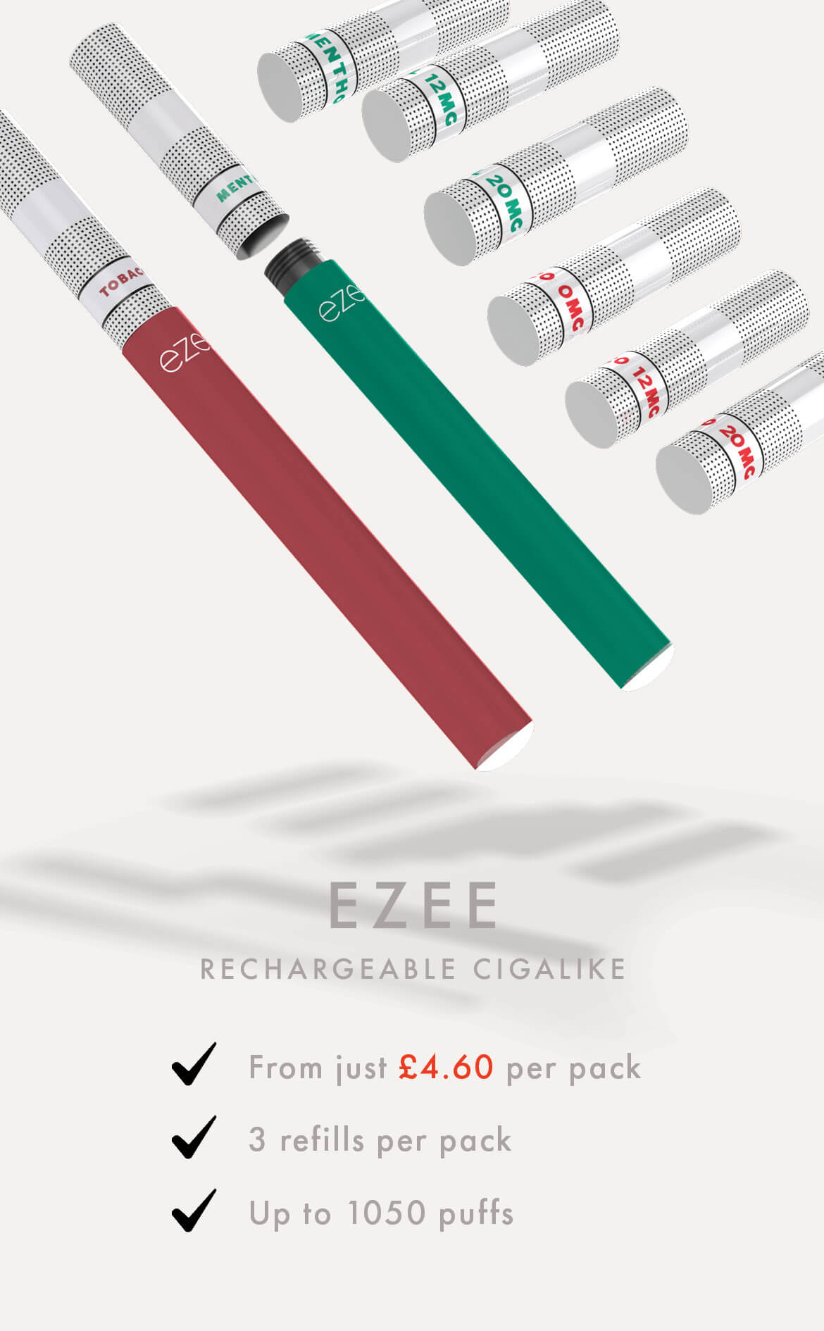 ezee e-cigarette starter set kit vape cigalike disposable cartridges filters no nicotine