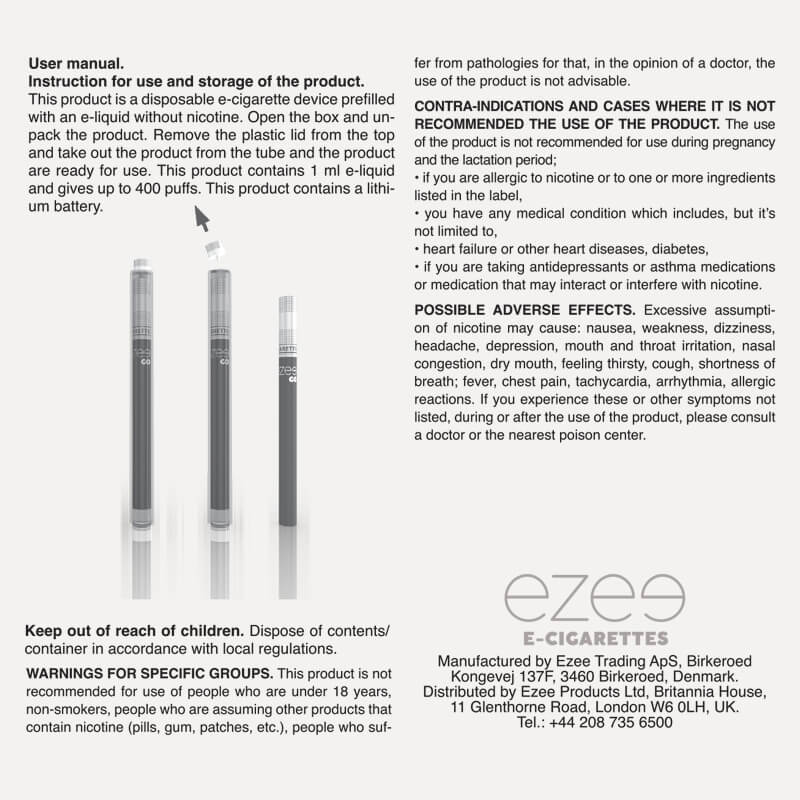 Ezee Go Disposable E-cigarette Tobacco Nicotine Free 5pcs